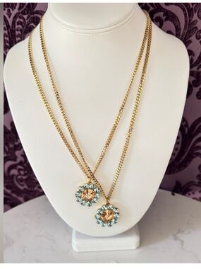 Tova twiggy Gold Necklace with Aqua and Champagne Crystal Flower Pendant 1 left